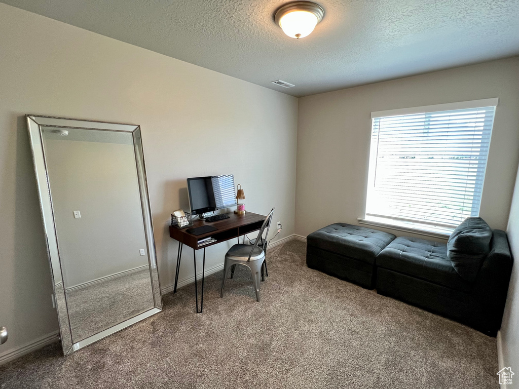 Carpeted office featuring a textured ceiling and baseboards