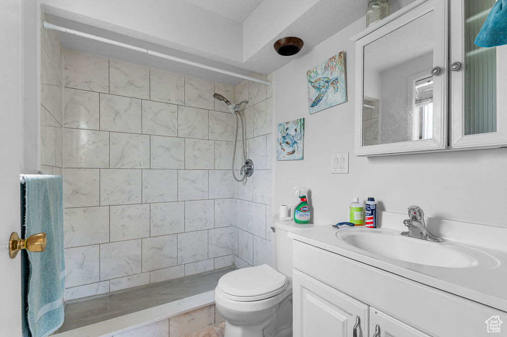 Bathroom featuring vanity, toilet, and tiled shower