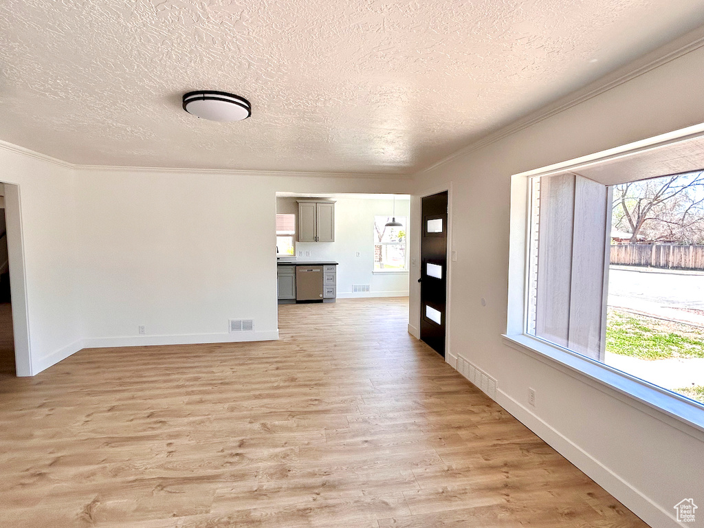 Empty room with ornamental molding, a textured ceiling, light wood-style flooring, plenty of natural light, and baseboards