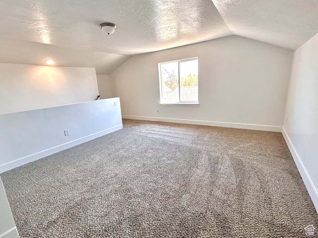 Additional living space with vaulted ceiling, a textured ceiling, baseboards, and carpet