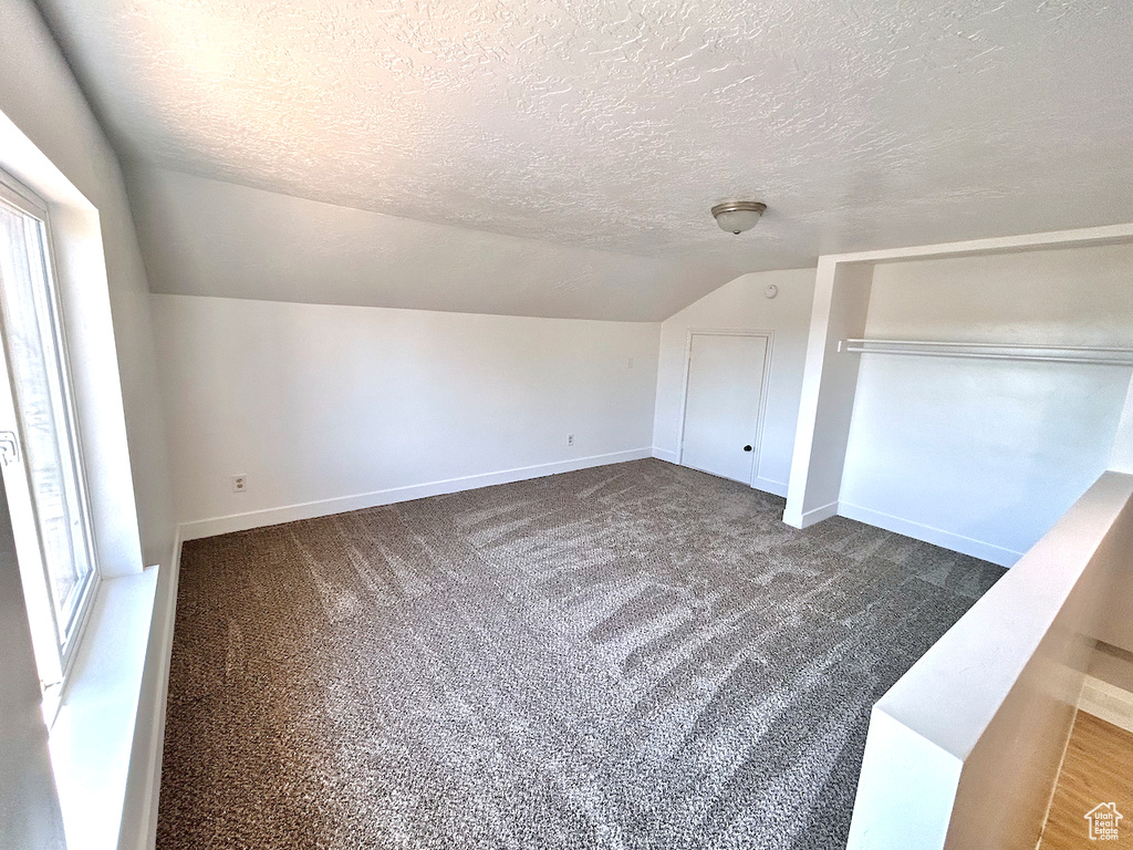 Additional living space featuring vaulted ceiling, a textured ceiling, baseboards, and carpet flooring