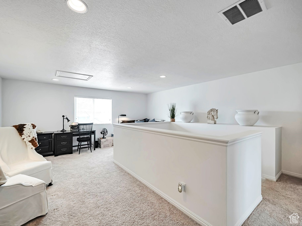 Sitting room with light carpet, attic access, a textured ceiling, recessed lighting, and baseboards
