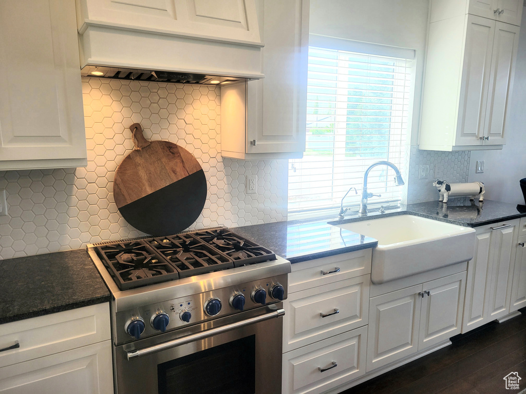 Kitchen featuring stainless steel stove, a sink, custom exhaust hood, white cabinetry, and tasteful backsplash