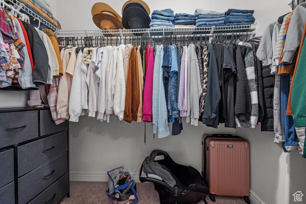 Spacious closet with carpet and radiator heating unit