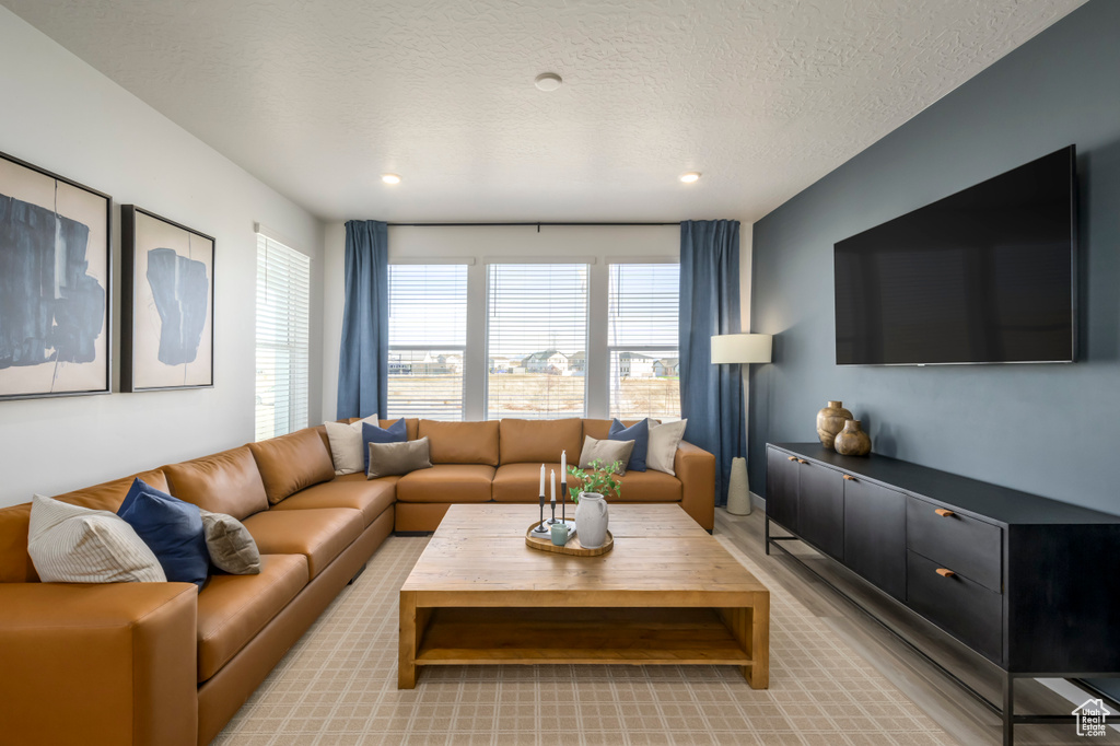 Living area with recessed lighting and a textured ceiling