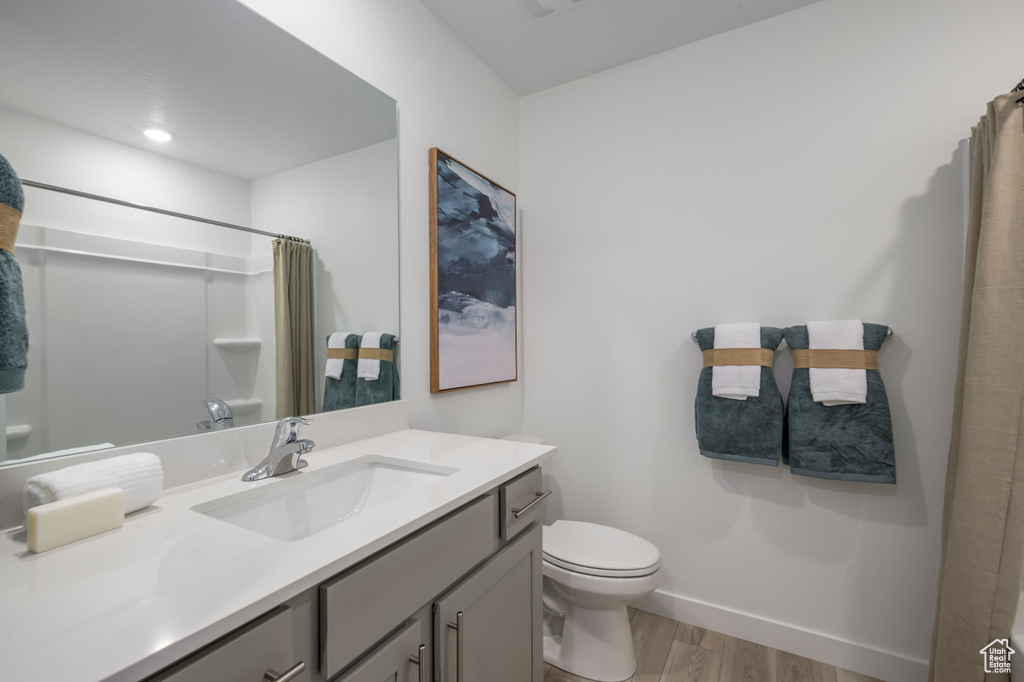 Bathroom with wood finished floors, toilet, vanity, a shower with shower curtain, and baseboards