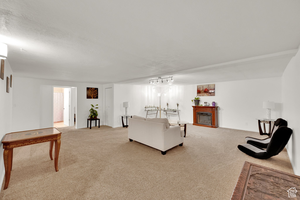 Living area with light colored carpet, baseboards, and a fireplace