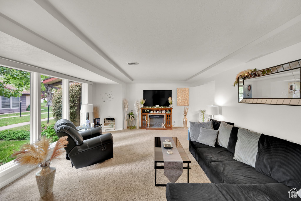Carpeted living area featuring a glass covered fireplace