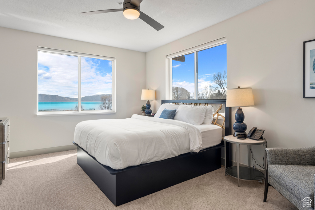Bedroom with carpet floors, multiple windows, ceiling fan, and a water view