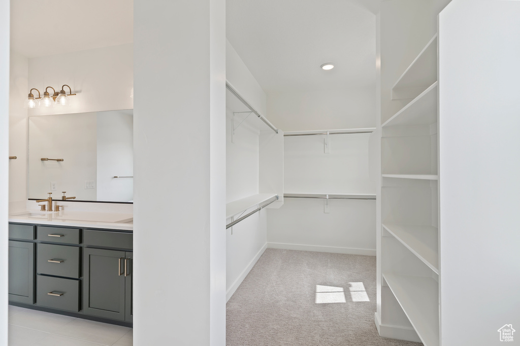 Walk in closet with light colored carpet and a sink