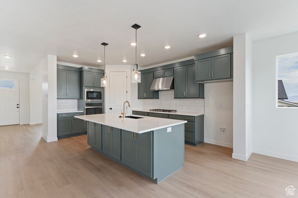 Kitchen featuring a sink, appliances with stainless steel finishes, under cabinet range hood, light wood-style flooring, and decorative backsplash