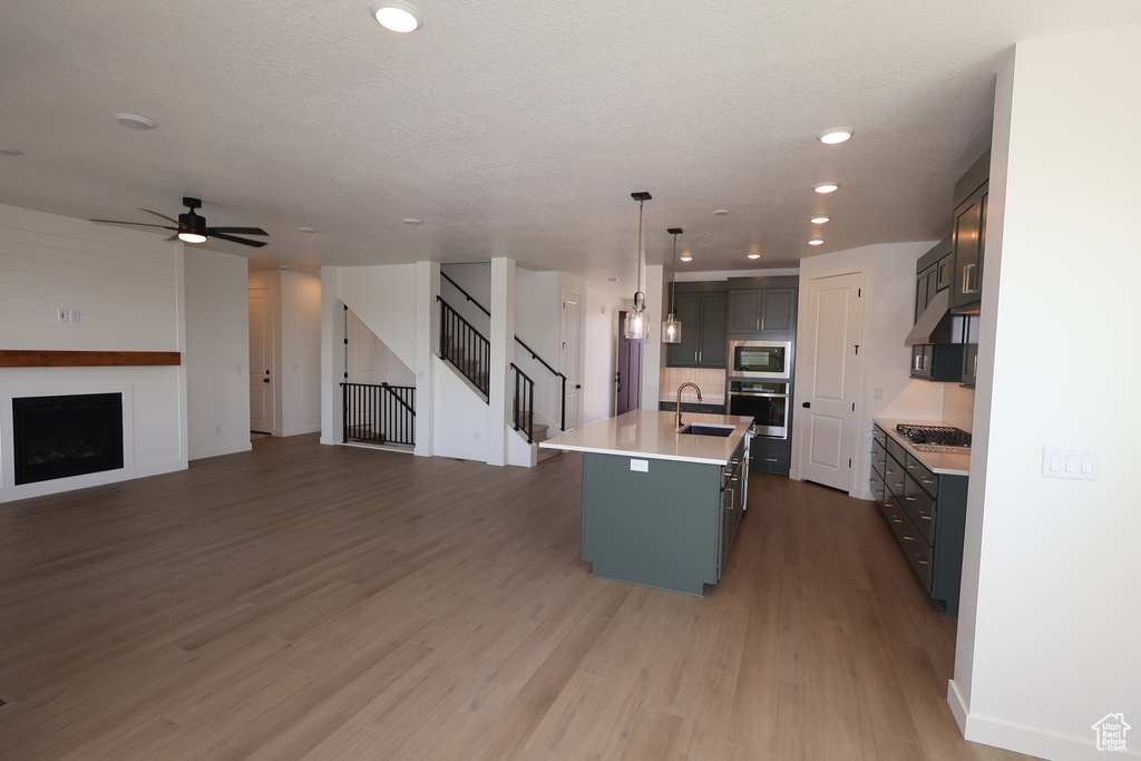 Kitchen featuring stainless steel appliances, a sink, light wood finished floors, open floor plan, and a kitchen island with sink