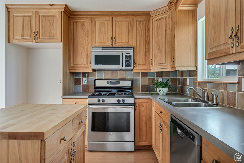 Kitchen with stainless steel appliances, wood counters, a sink, backsplash, and light wood-type flooring