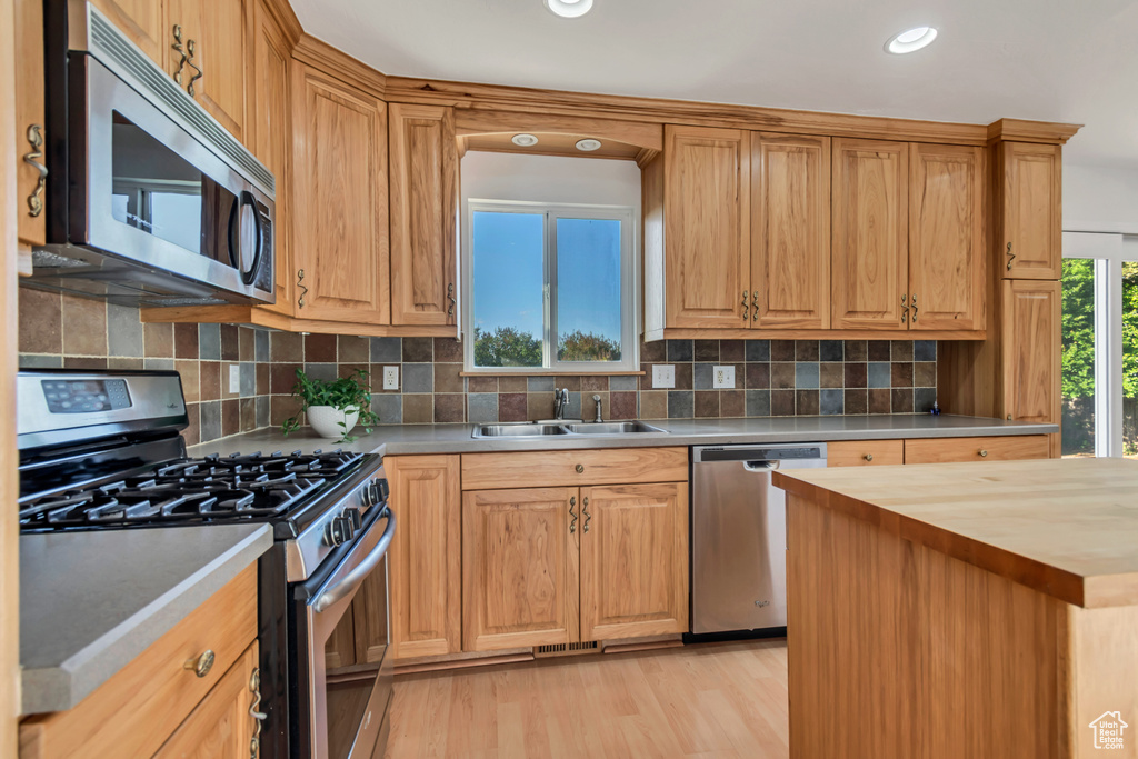 Kitchen with stainless steel appliances, a sink, light wood-type flooring, butcher block counters, and decorative backsplash