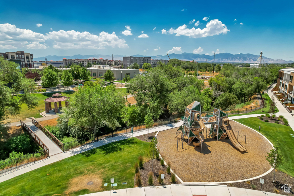 Bird's eye view of a mountainous background