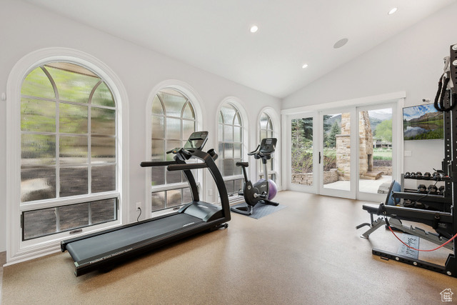 Workout room featuring healthy amount of natural light, vaulted ceiling, and recessed lighting