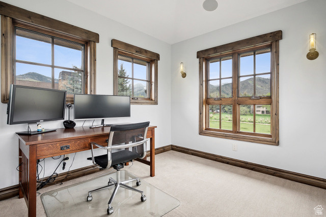 Carpeted office space with baseboards