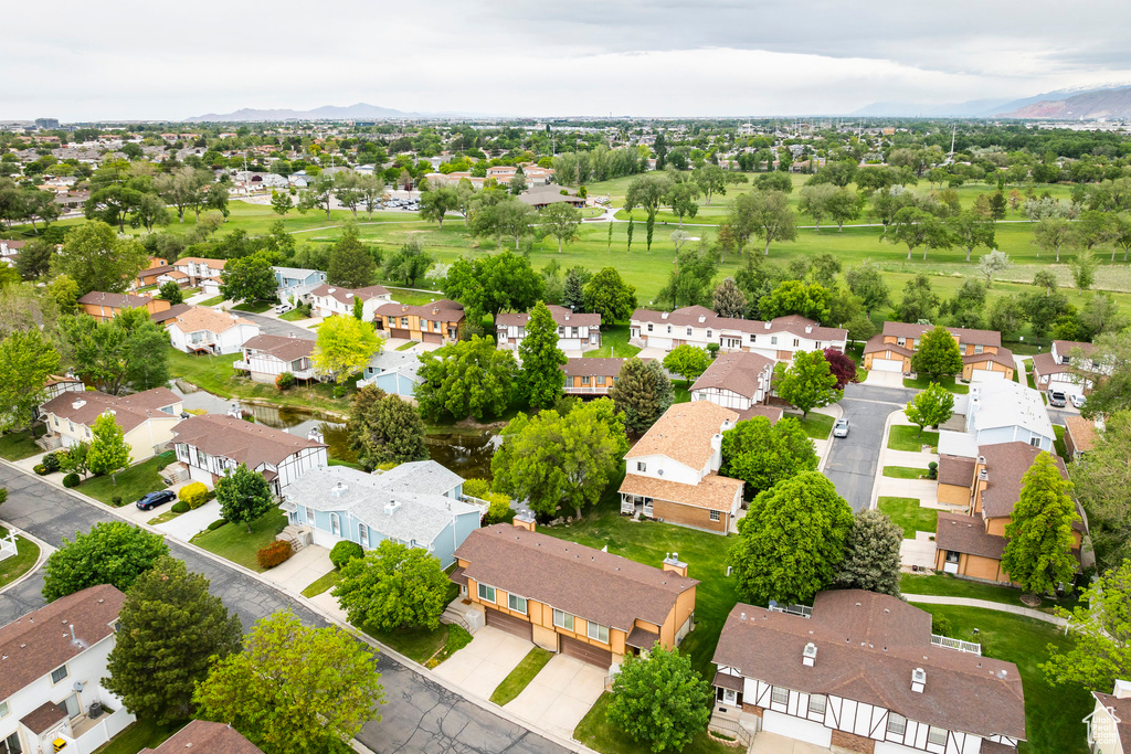 Aerial perspective of suburban area with mountains