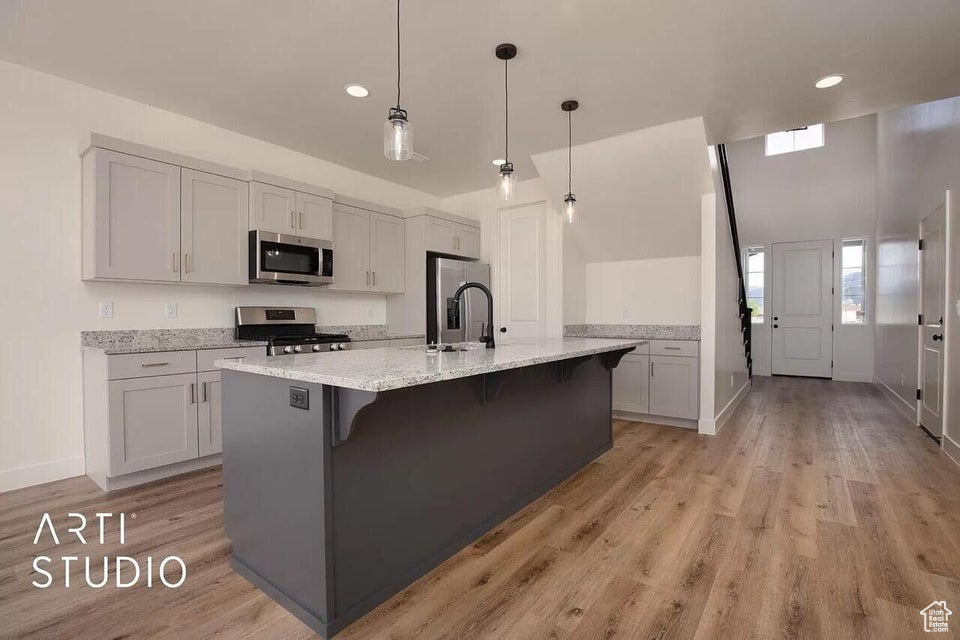 Kitchen with appliances with stainless steel finishes, light wood finished floors, a kitchen breakfast bar, a kitchen island with sink, and baseboards