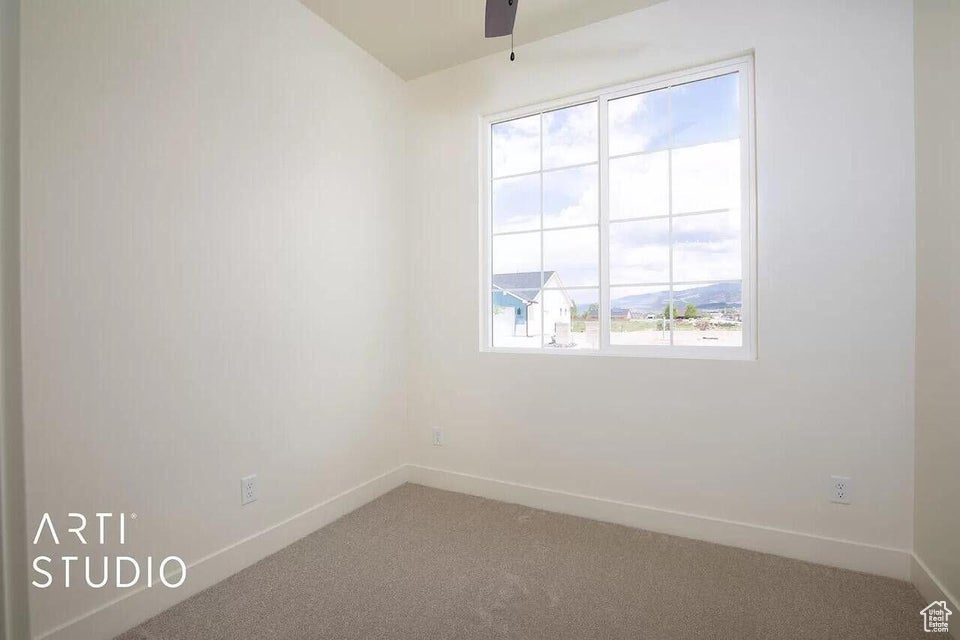 Unfurnished room featuring carpet, healthy amount of natural light, baseboards, and ceiling fan