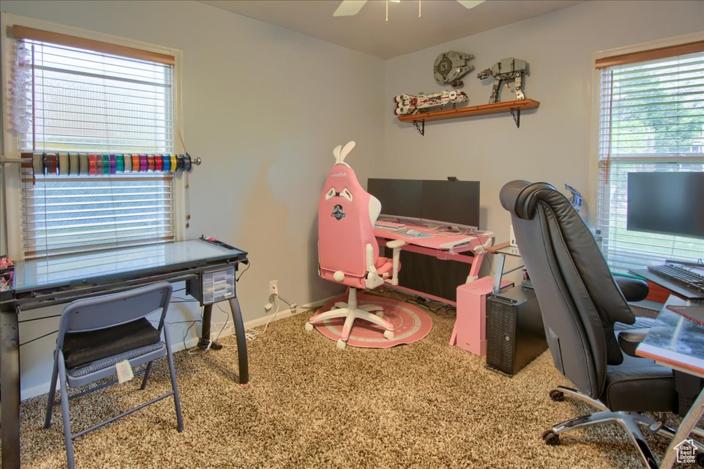 Office area with carpet, a ceiling fan, and baseboards