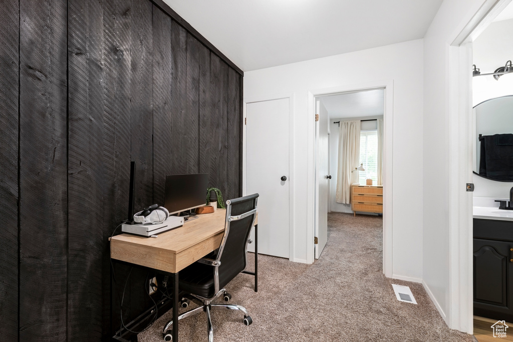 Office featuring light carpet, baseboards, and a sink