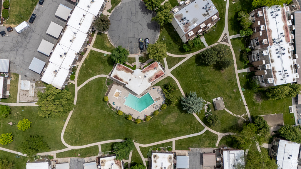 Aerial overview of property's location with a pool area