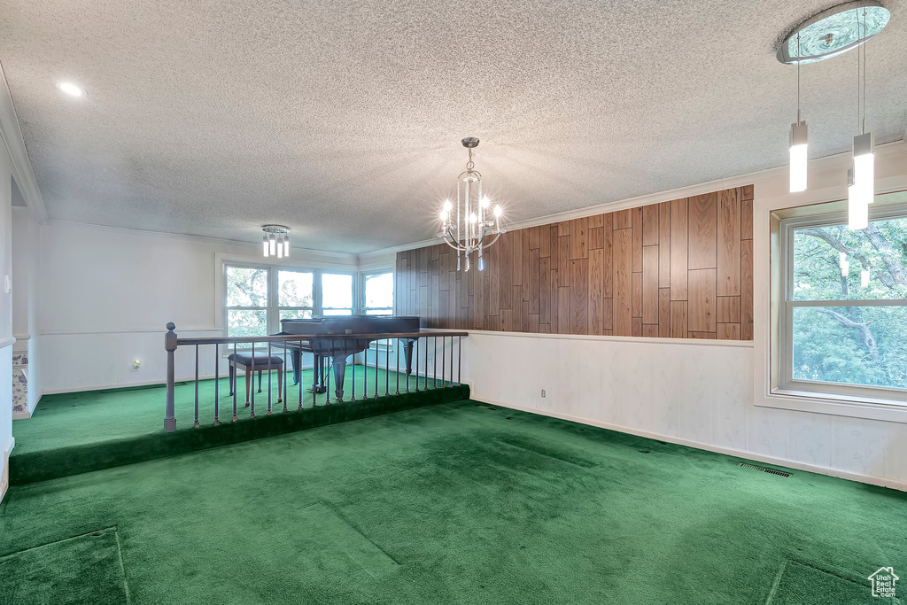 Carpeted spare room with a textured ceiling, healthy amount of natural light, a chandelier, wood walls, and ornamental molding