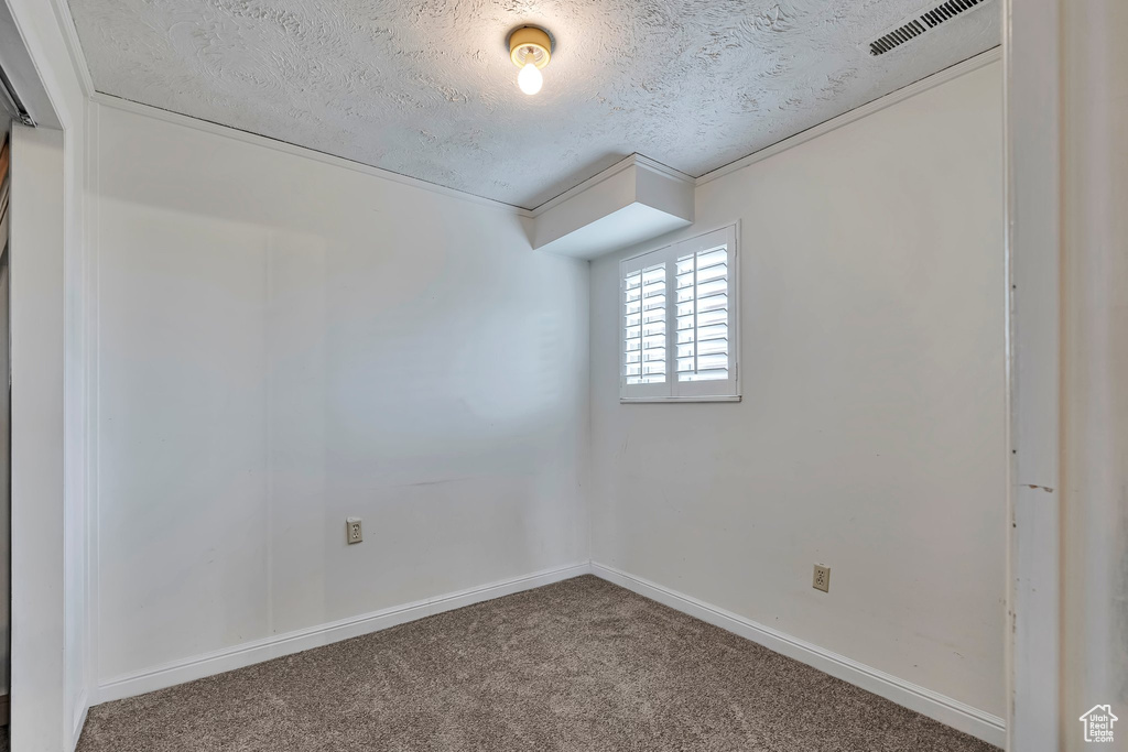 Empty room featuring a textured ceiling, carpet, and baseboards