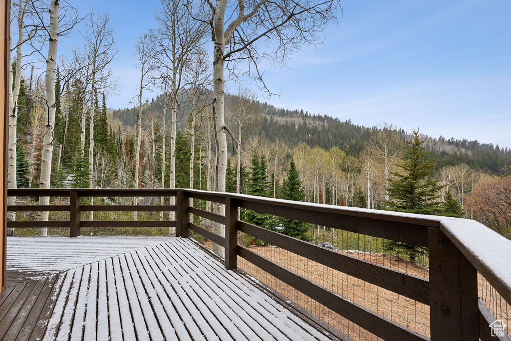 Wooden deck with a wooded view