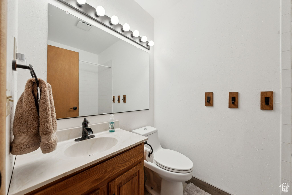 Full bathroom featuring toilet, vanity, and a shower