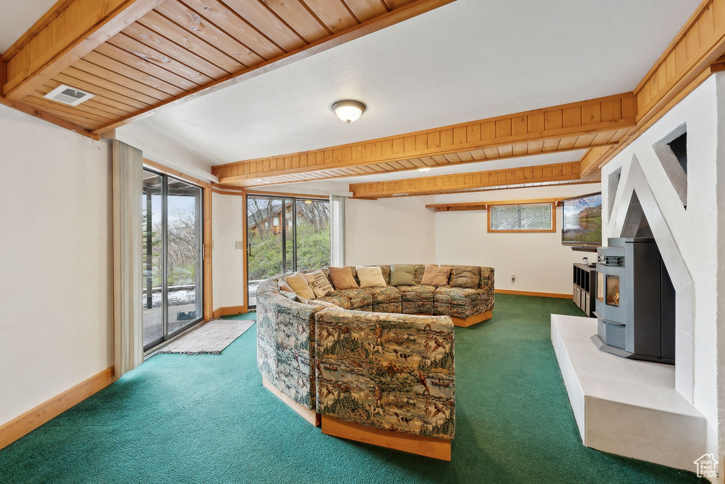 Living area with carpet, a wood stove, and baseboards