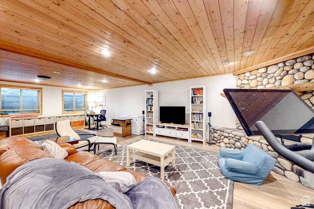 Living area featuring wood ceiling, wood finished floors, and recessed lighting