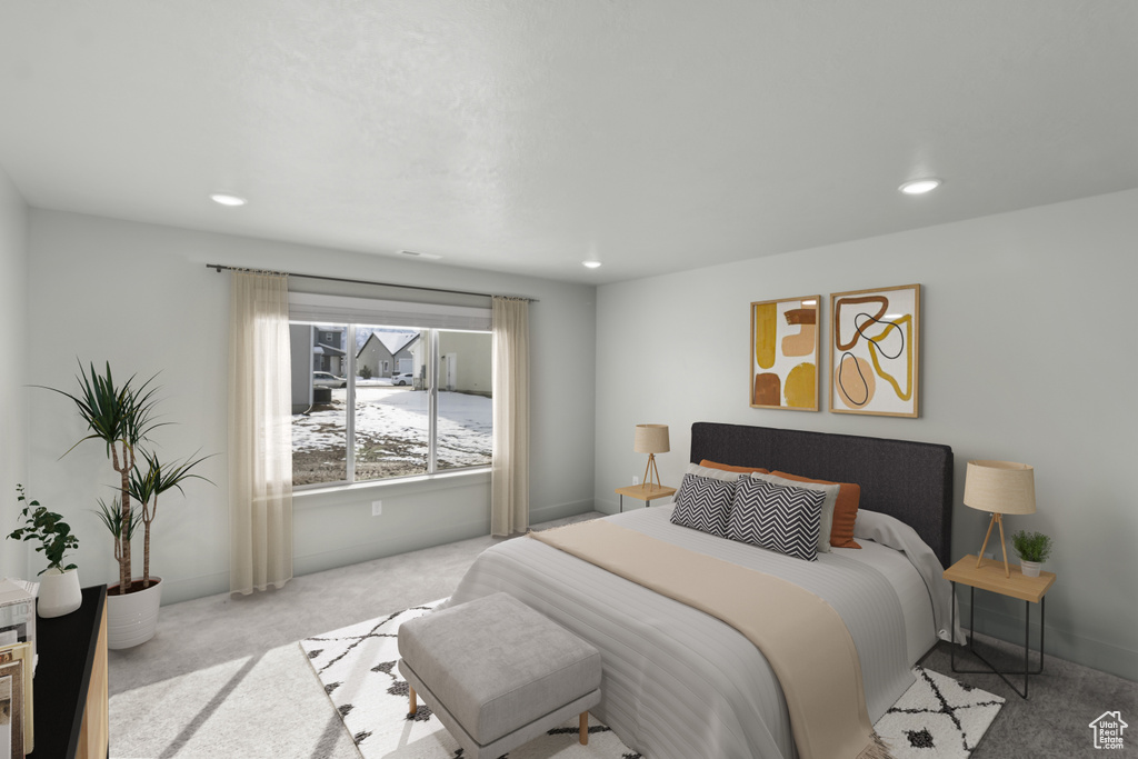 Bedroom with carpet floors, recessed lighting, and baseboards