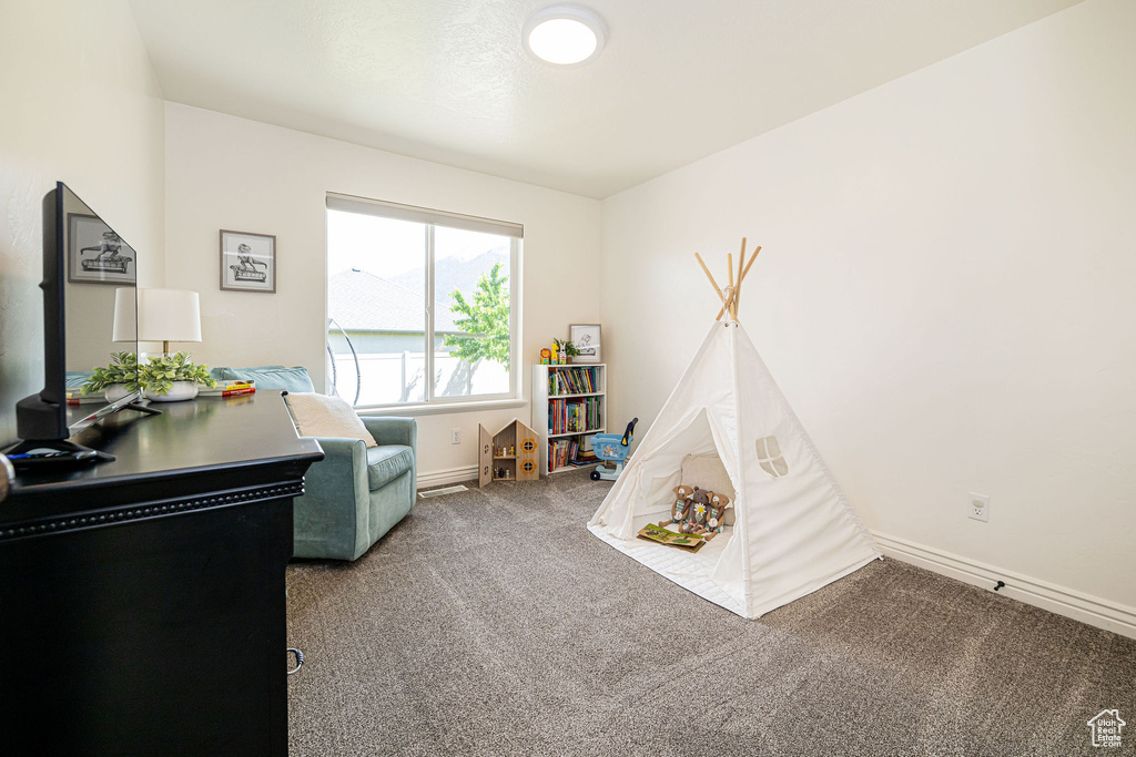 Game room featuring carpet flooring, baseboards, and an office area