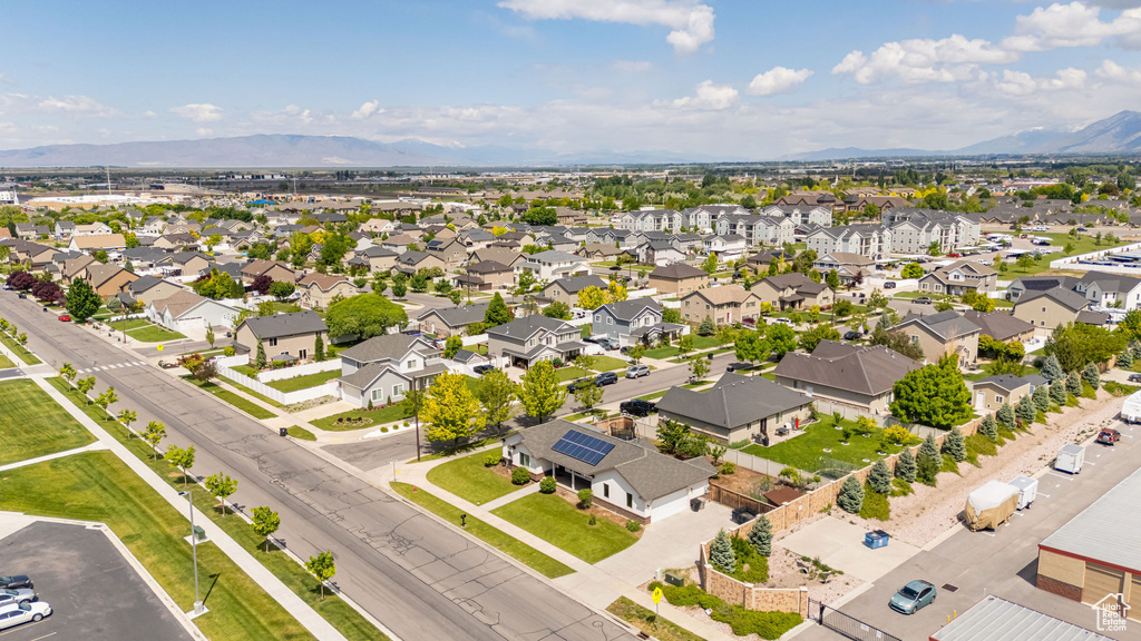 Aerial perspective of suburban area featuring mountains
