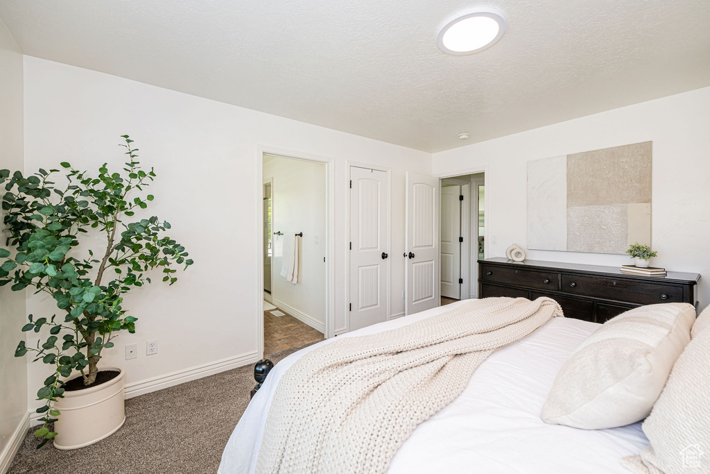 Bedroom featuring carpet flooring, baseboards, and ensuite bath