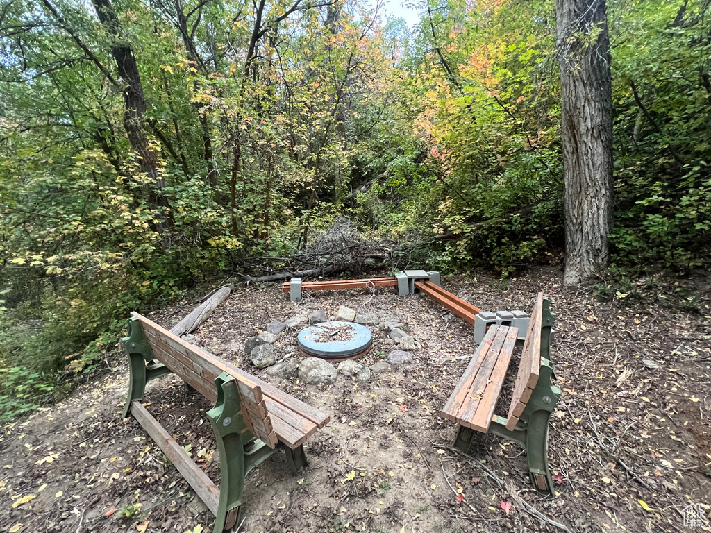 View of yard with a fire pit and a forest view