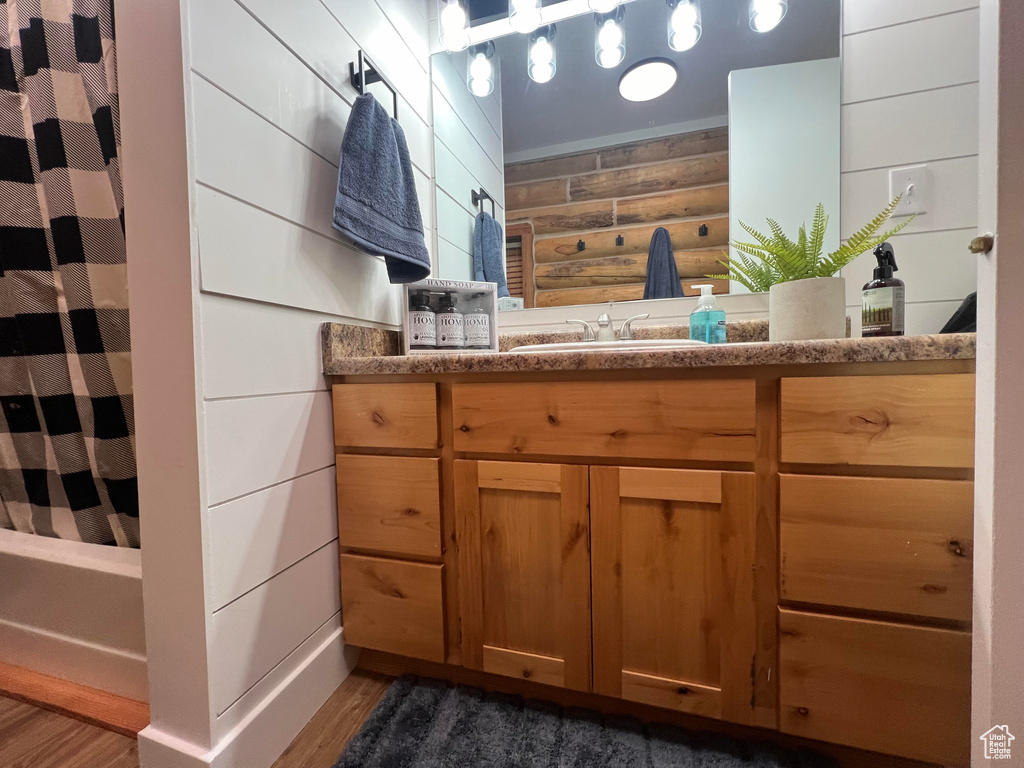Bathroom featuring wood finished floors and vanity