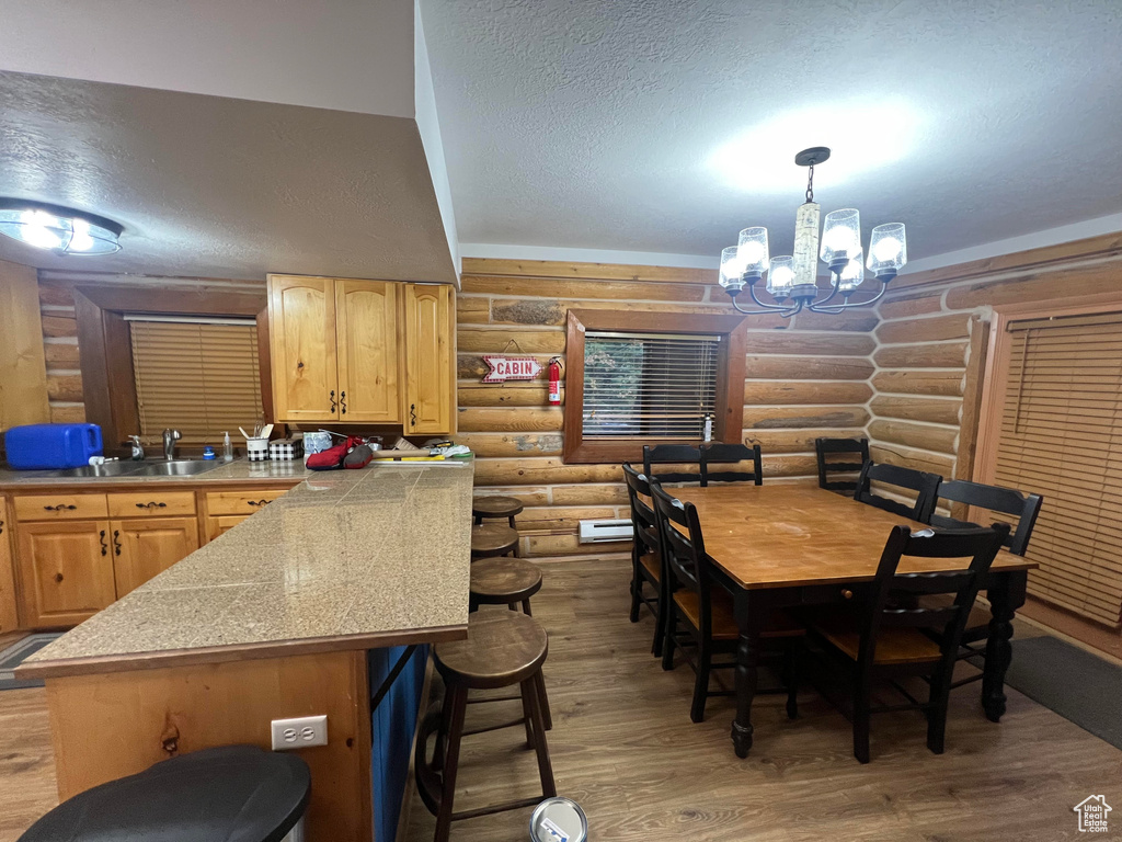 Dining room with rustic walls, a textured ceiling, light wood-style floors, a chandelier, and a baseboard heating unit