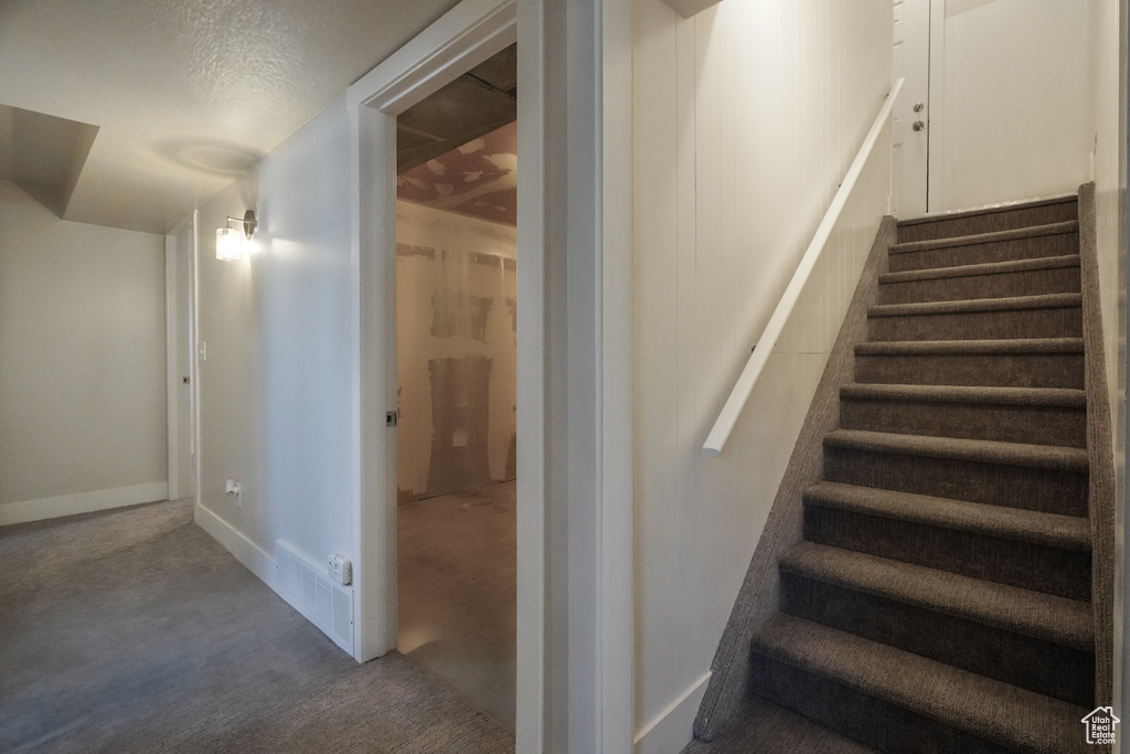 Stairway with carpet floors and baseboards