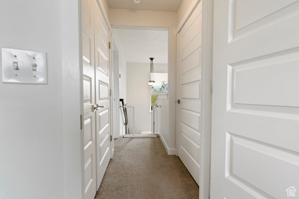 Hallway with carpet floors and baseboards