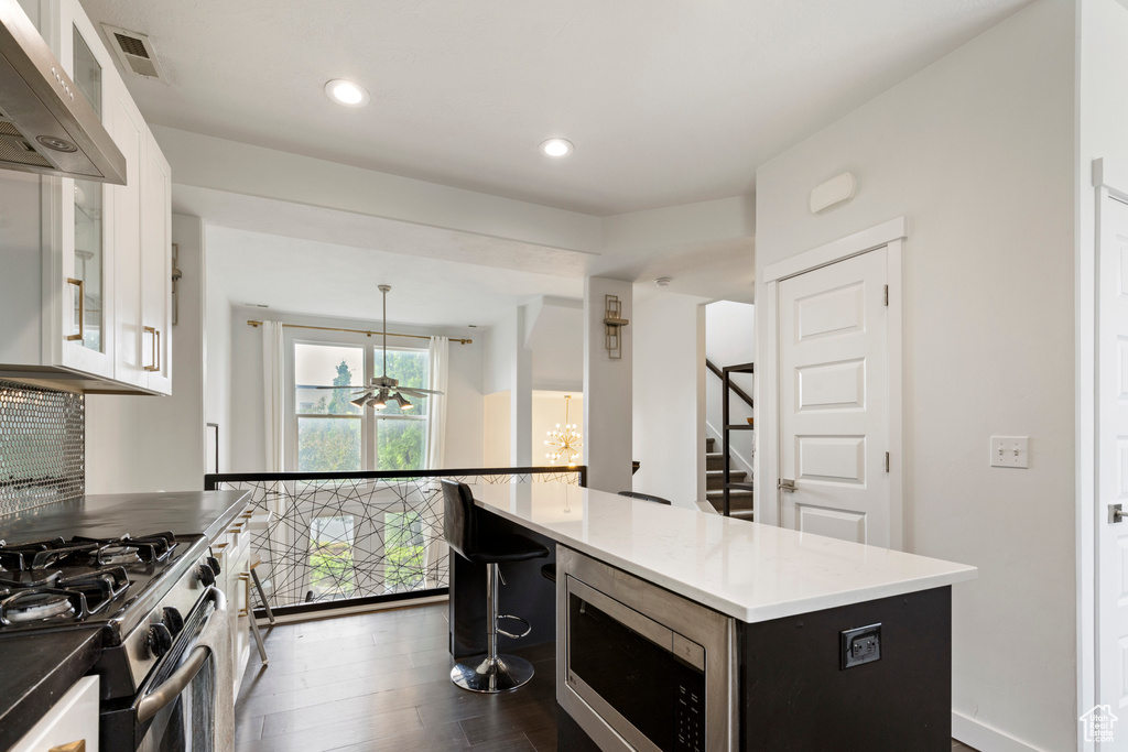 Kitchen with range hood, appliances with stainless steel finishes, dark wood-style floors, white cabinets, and glass insert cabinets