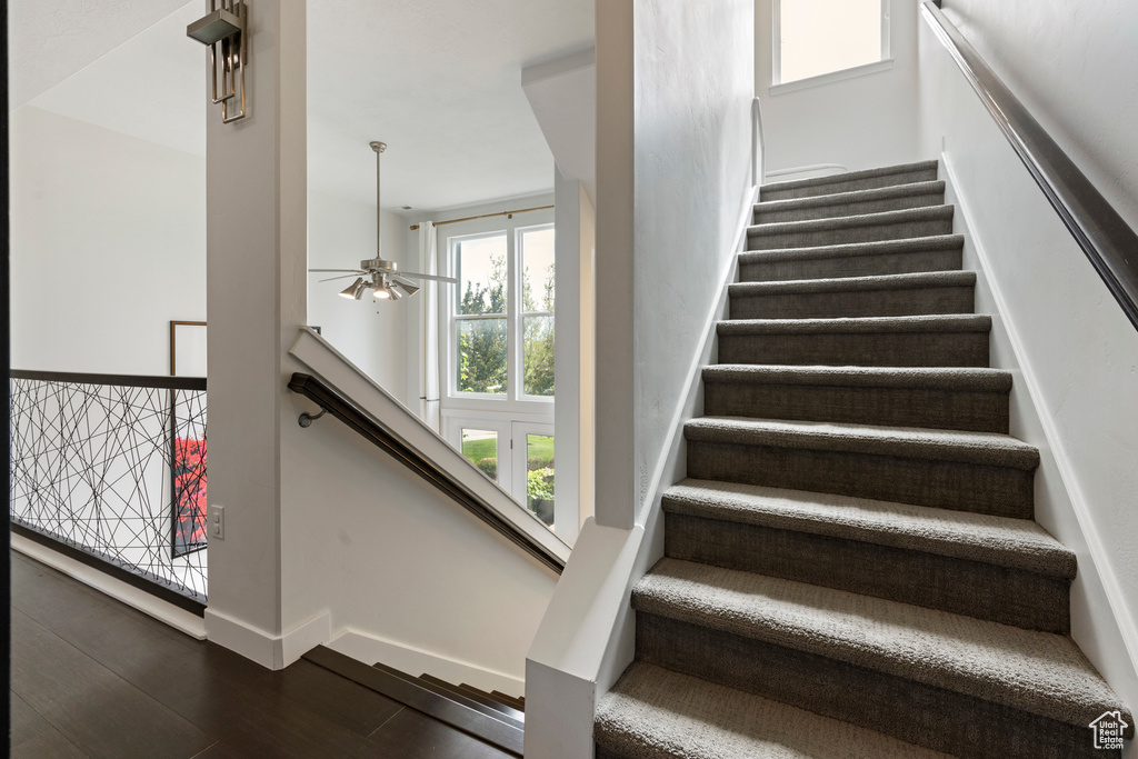 Stairway featuring wood finished floors, baseboards, and ceiling fan