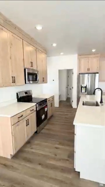 Kitchen featuring appliances with stainless steel finishes, a sink, recessed lighting, light wood finished floors, and light countertops