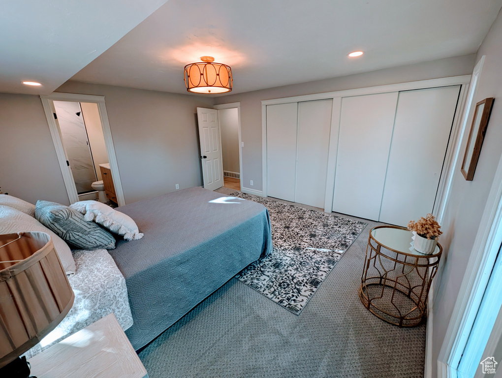 Bedroom with recessed lighting, a closet, and connected bathroom