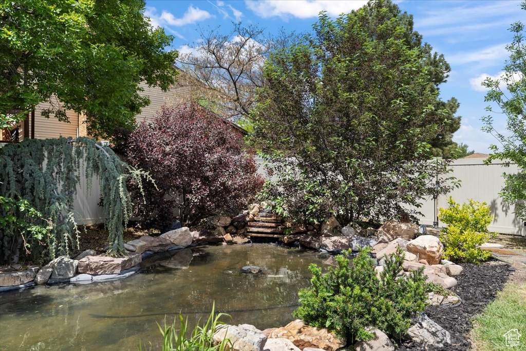 View of yard with a small pond