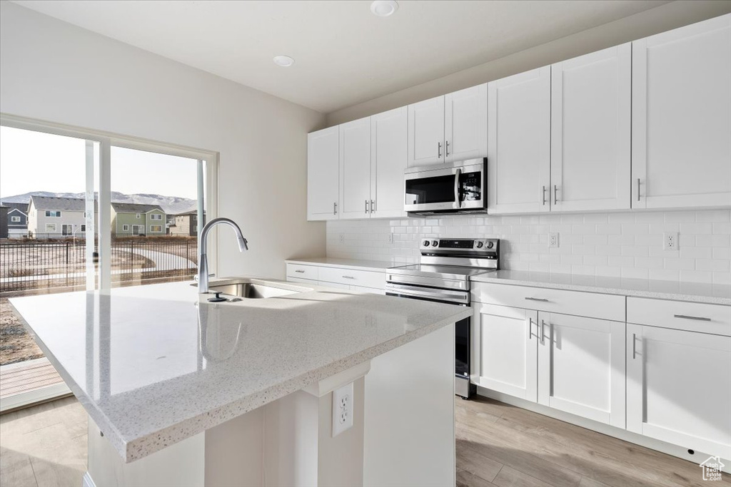 Kitchen featuring stainless steel appliances, a sink, light wood-style floors, and decorative backsplash