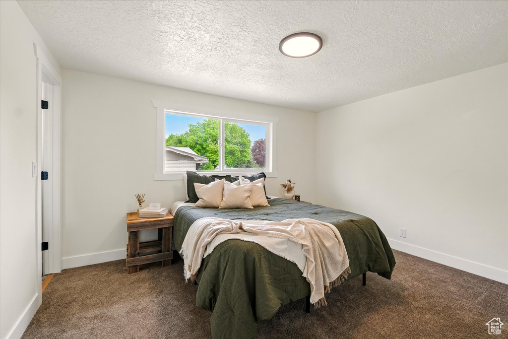 Bedroom featuring carpet, baseboards, and a textured ceiling