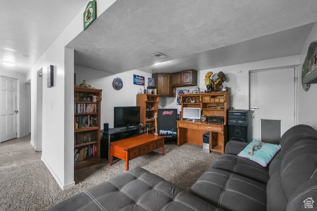 Living area with light colored carpet